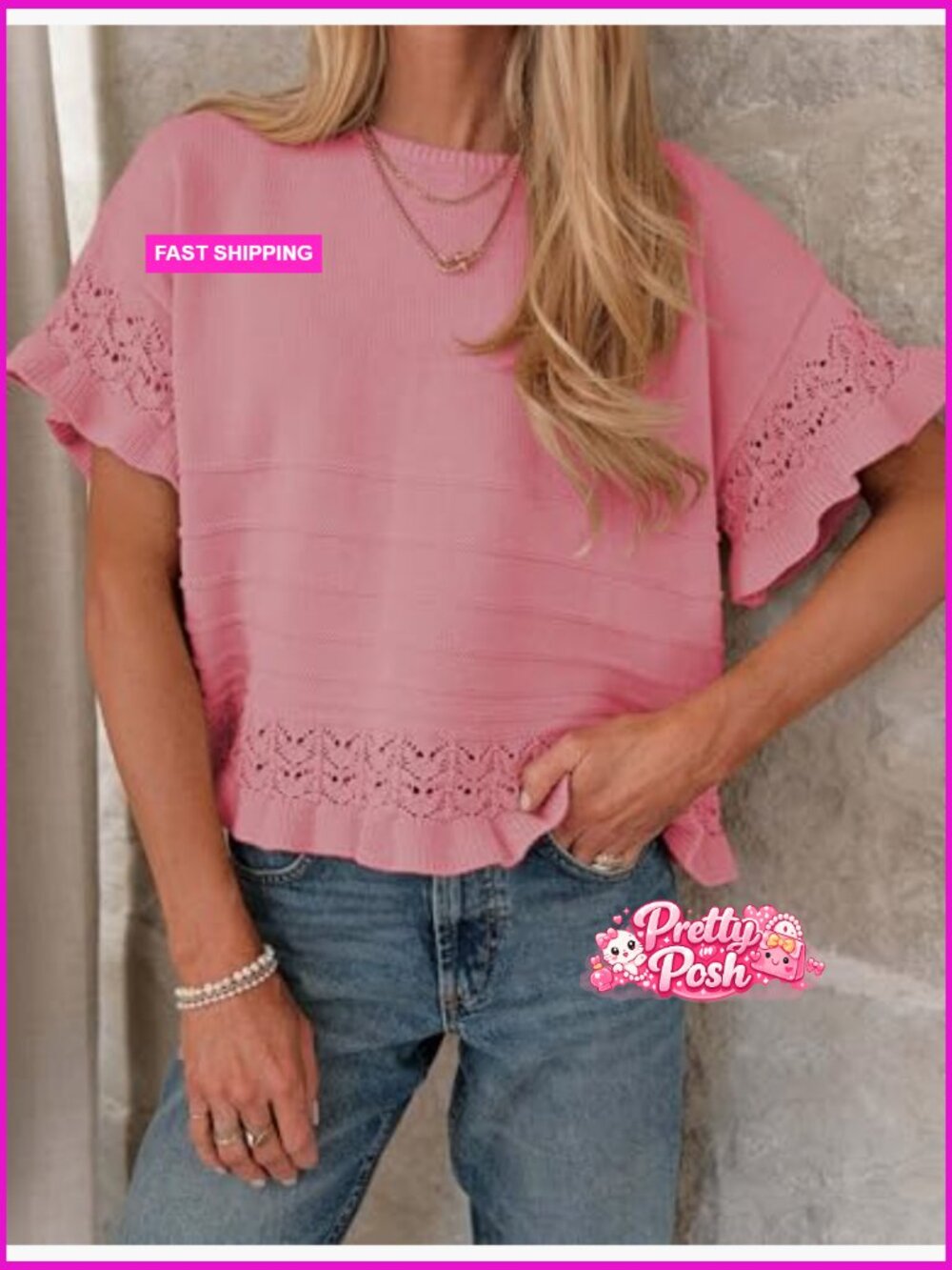 Short Sleeve Crochet Pullover Sweater with Ruffled Hem Crew Neck Summer Fall - Picture 3 of 7